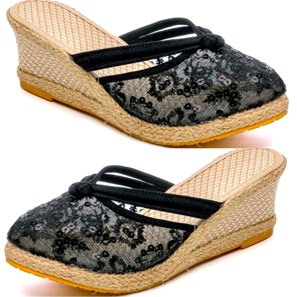 Women’s Espadrille Sequins/Mesh Closed Toe Slip On Wedge Sandals size5 like NEW